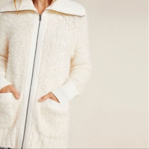 Anthropologie Furry Knit Zip Cardigan Sweater Jacket Ivory Small - Picture 2 of 8